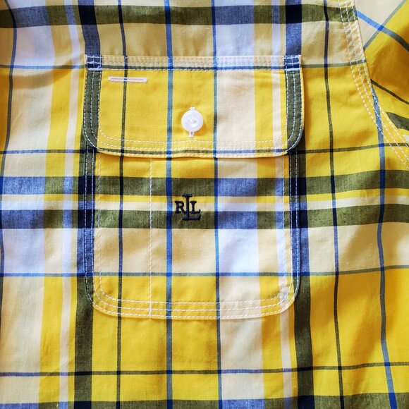Lauren Ralph Lauren Yellow Blue Plaid Roll Tab Sleeve Button Up Blouse Large - Picture 7 of 14